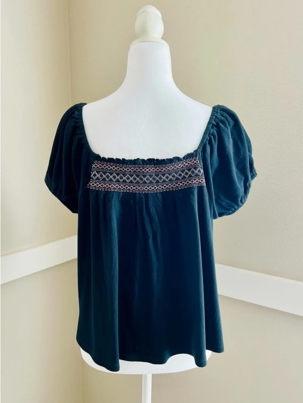 Madewell Black Square-Neck Embroidered Puff Sleeve Blouse/Med